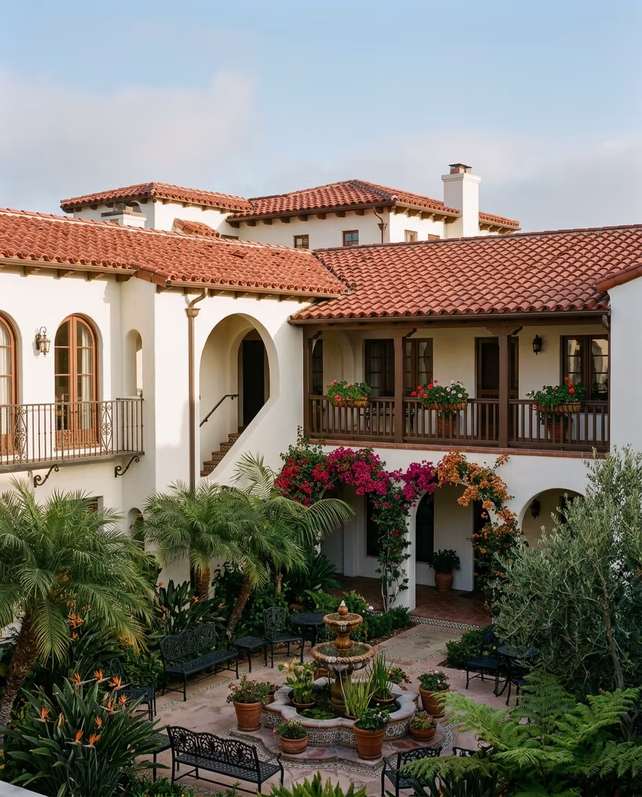 Clay tile roof in Santa Monica on a Spanish Colonial Revival courtyard building