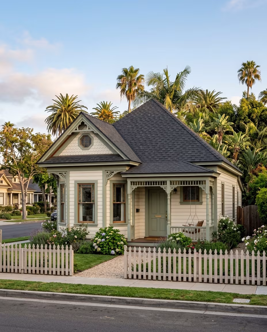Santa Monica roofing on a Victorian cottage with a steep hipped shingle roof