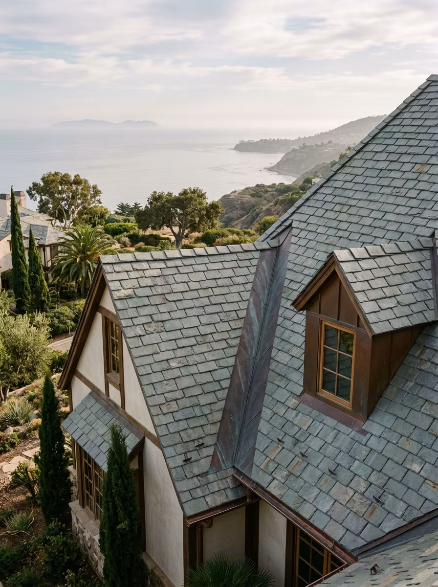 Rancho Palos Verdes roof repair: copper flashing where two slopes meet on a gray slate roof