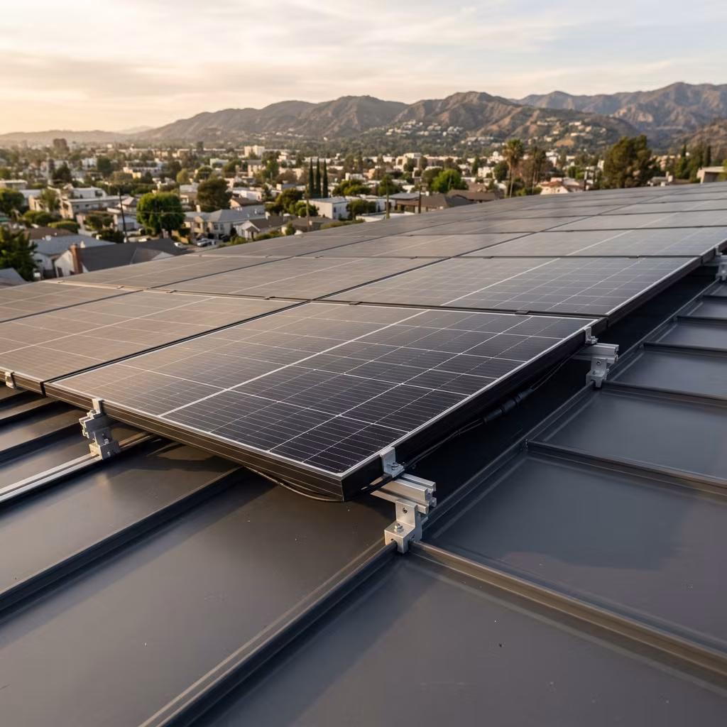 Standing seam metal roof with solar panels clamped to the seams