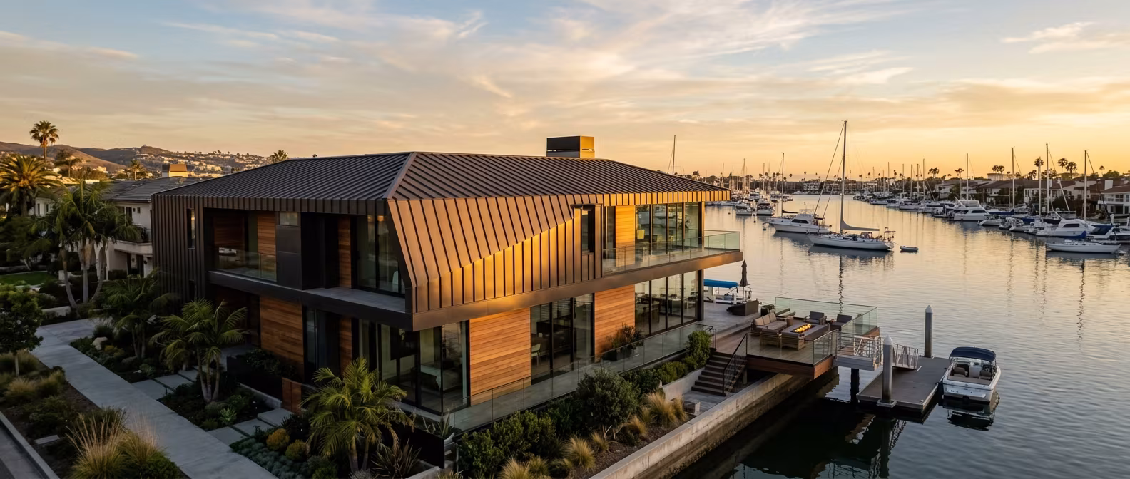 Roofing Newport Beach: a standing seam metal roof on a waterfront home