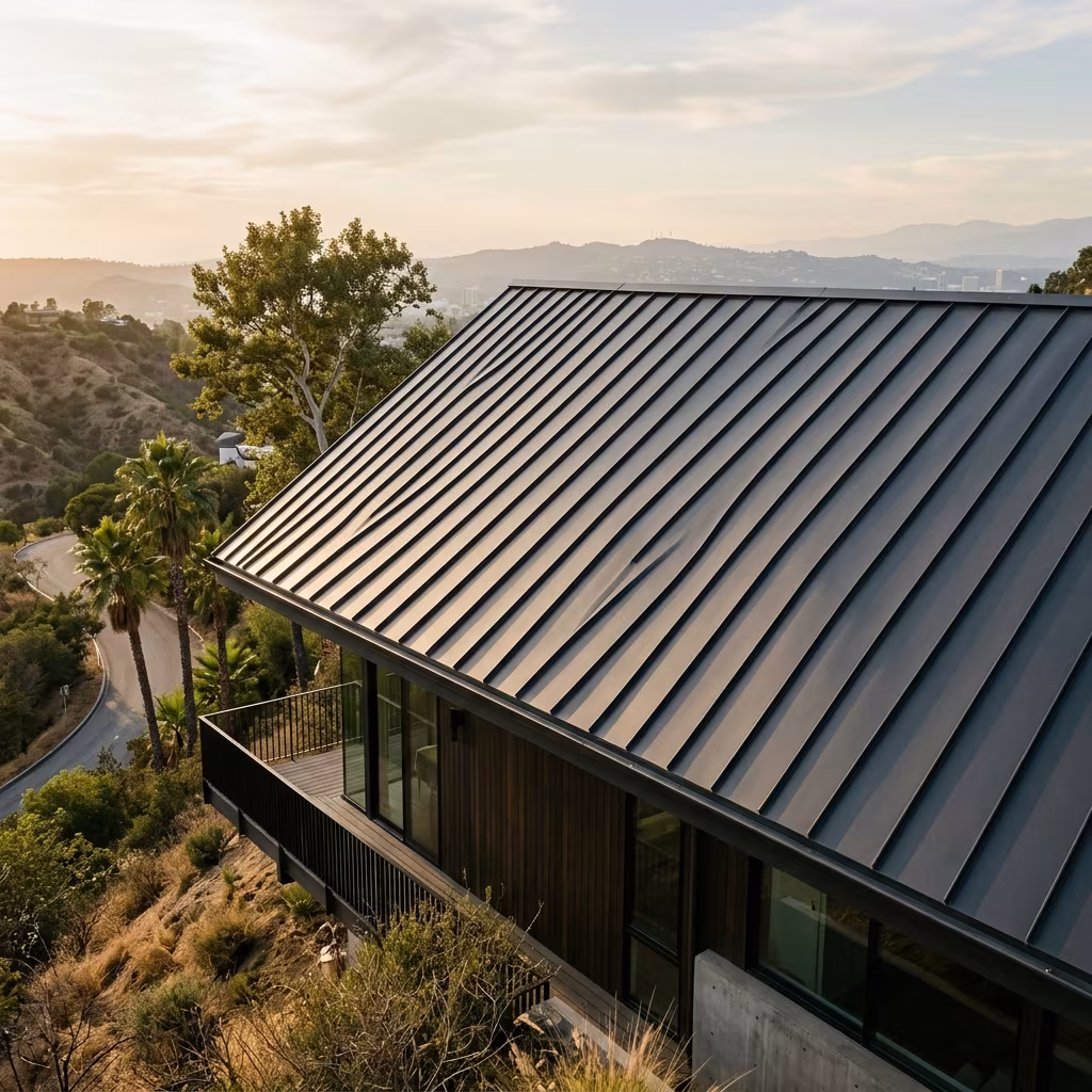 Metal roofing Los Angeles: charcoal standing seam on a hillside house