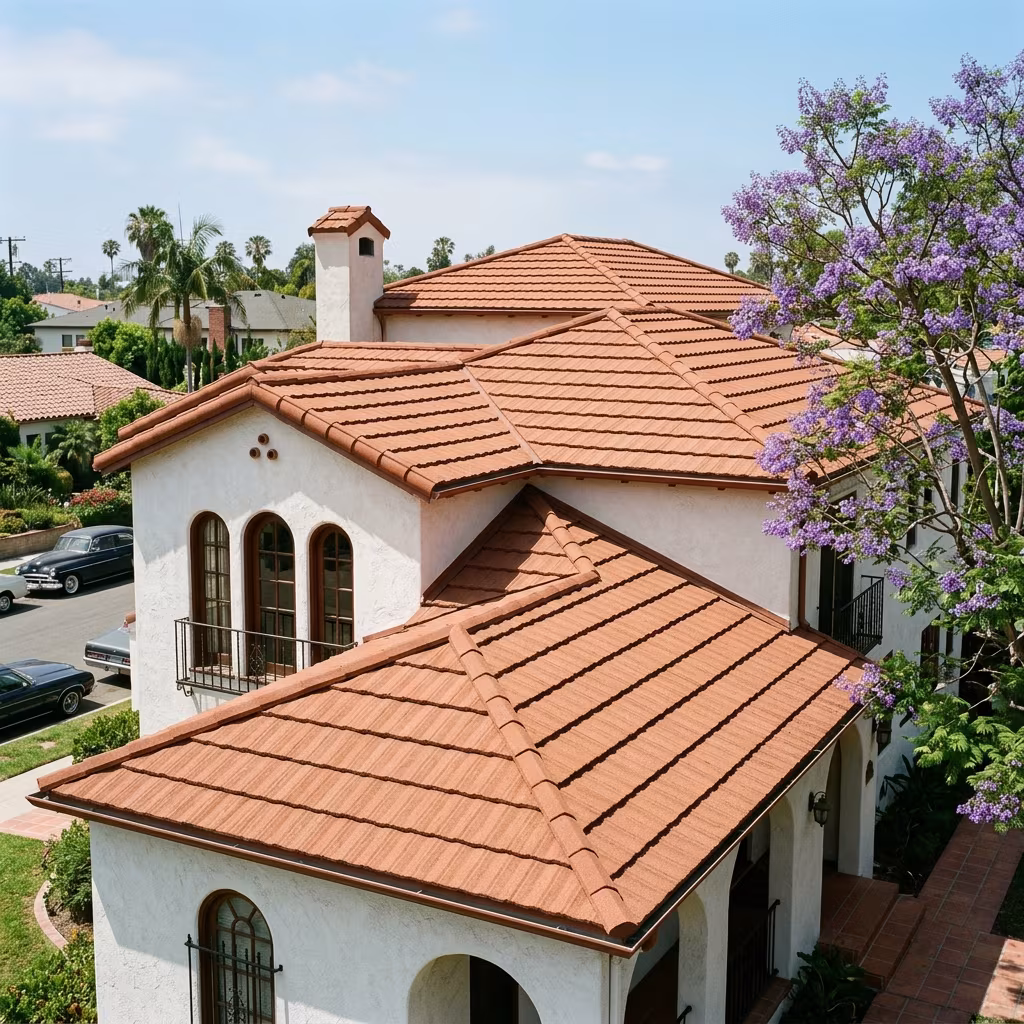 Stone coated metal roofing with a barrel tile look on a Spanish home
