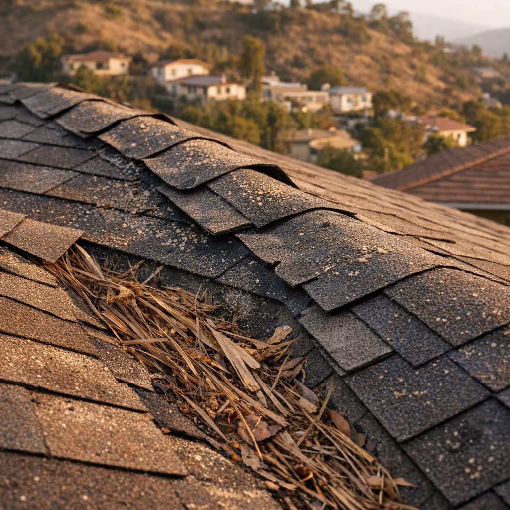 Roofing inspection Los Angeles: lifted asphalt shingles and debris after a Santa Ana wind