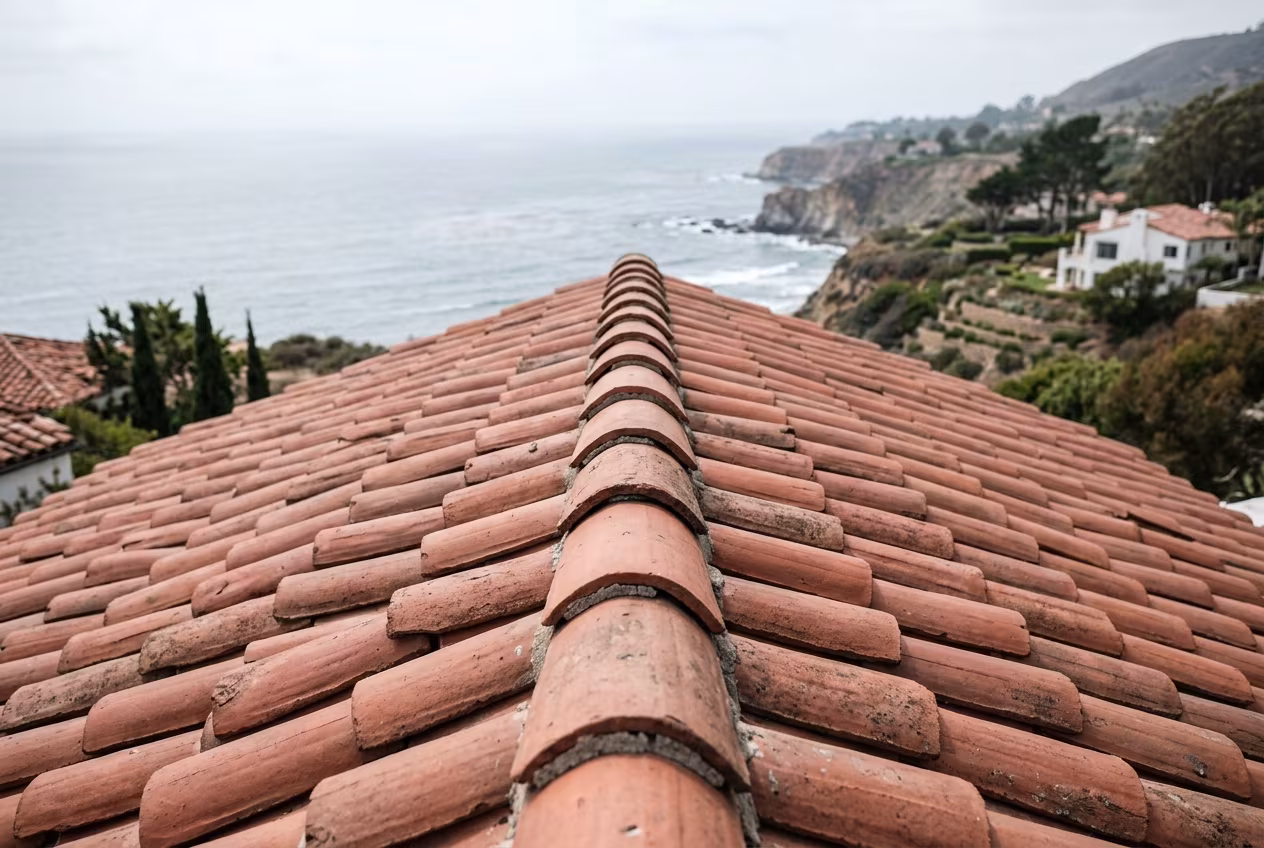 Tile roof repair: clay ridge caps set straight along a hip