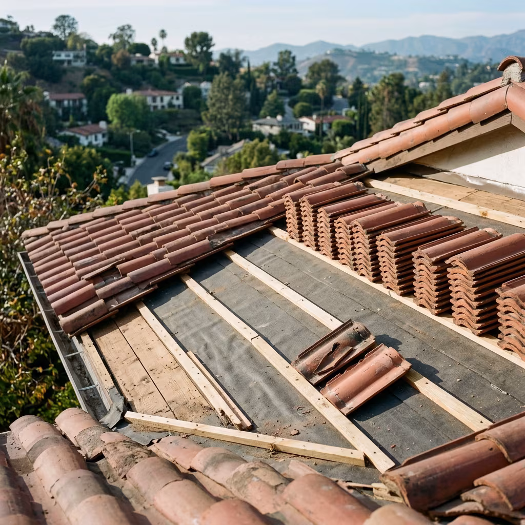 Tile roof repair Sherman Oaks: clay tiles stacked on new underlayment