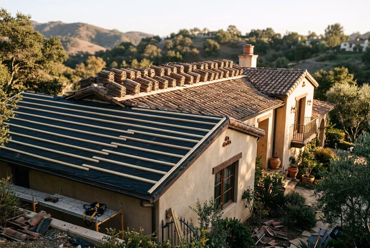 Tile lifted, new underlayment laid on one section: a roof repair Calabasas tile roofs often need