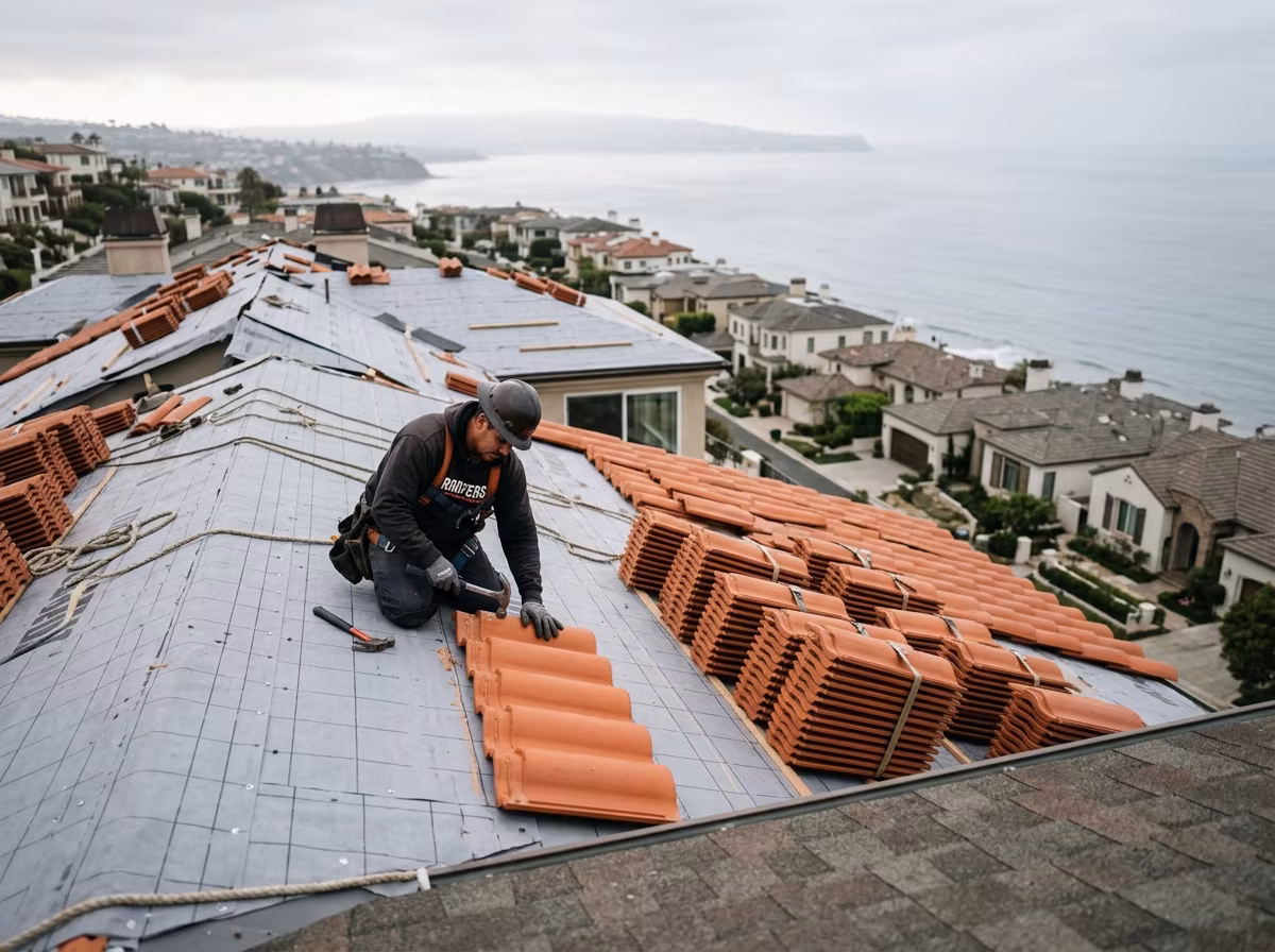 Roof repair Torrance crew relaying clay tile over new underlayment