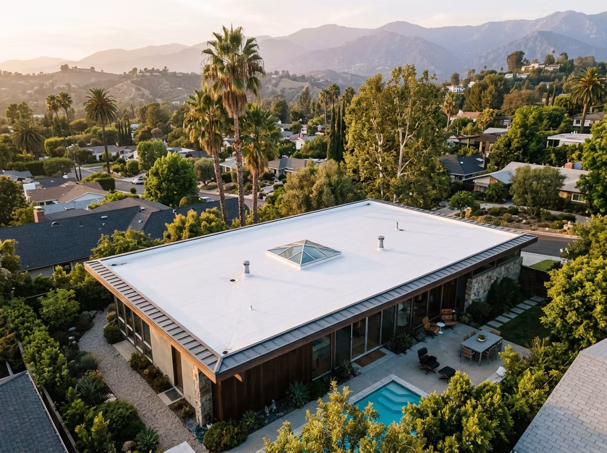 Flat roofing Los Angeles home with a white cool roof membrane