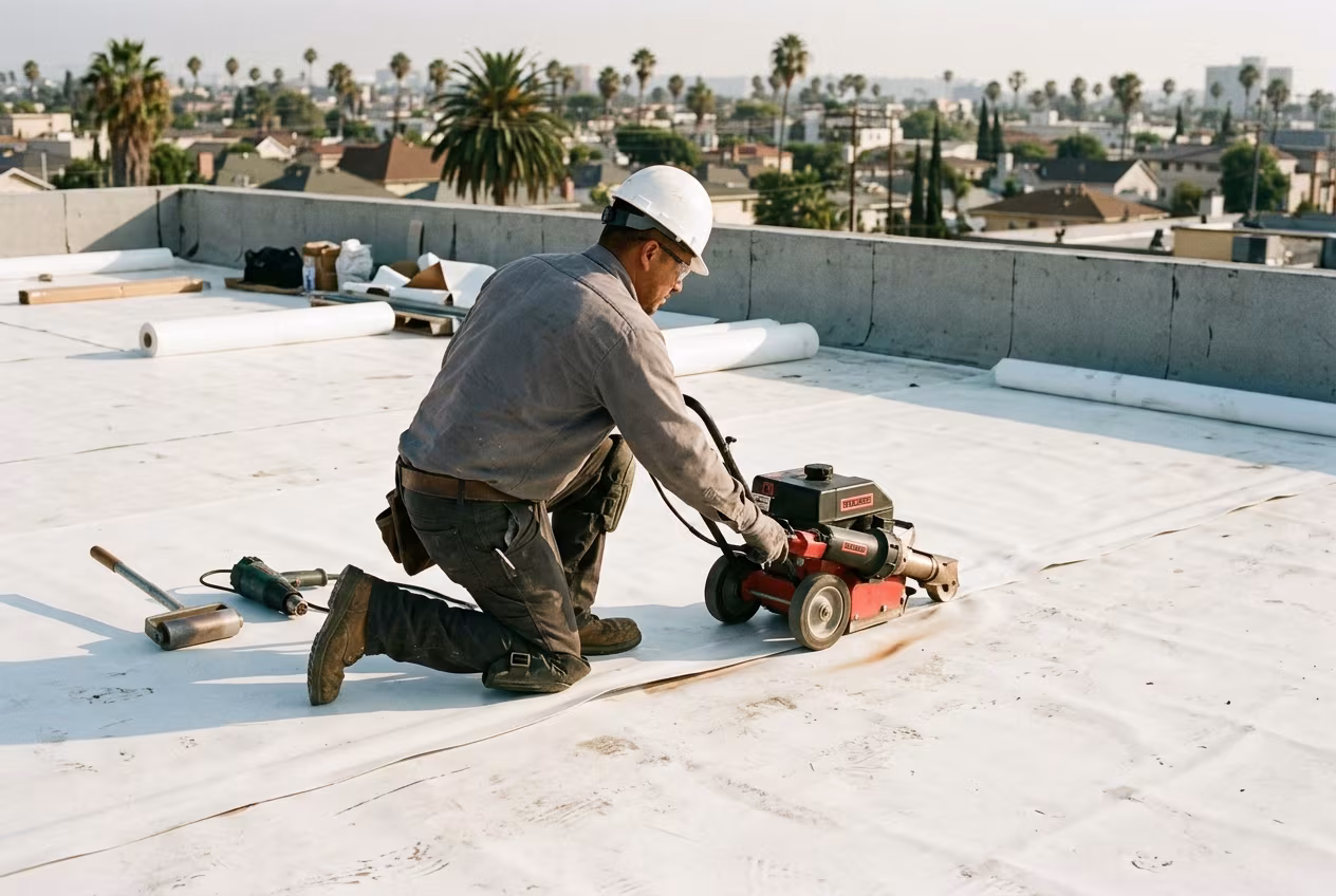 Roofer heat welding a seam during a flat roof replacement in Los Angeles