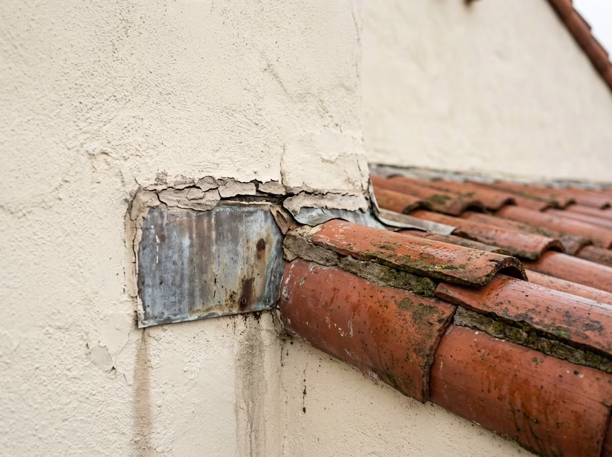 Roof leak repair at a stucco wall: cracked sealant on the flashing of a Mission Viejo tile roof