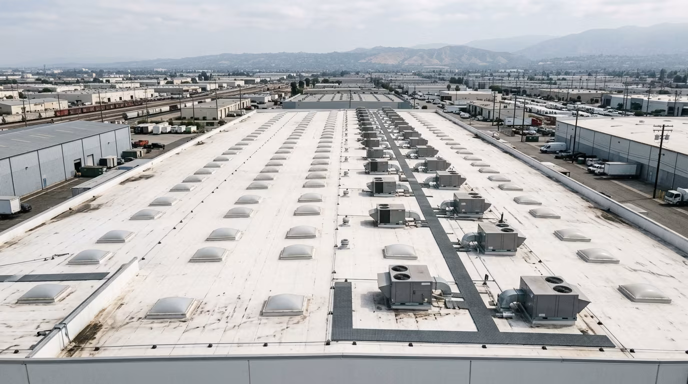 Low slope commercial roofing on a warehouse with skylights and rooftop units