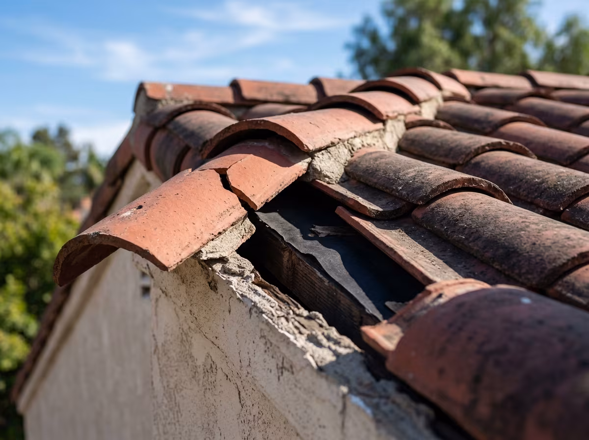 Roof repair Mission Viejo: a wind-cracked barrel tile slipped out of its row